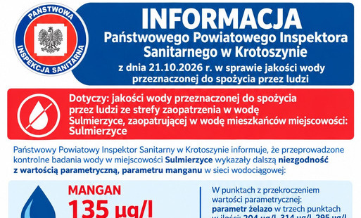 Zdjęcie do Komunikat Państwowego Powiatowego Inspektora Sanitarnego w Krotoszynie z dnia 21.10.2026 r. w sprawie jakości wody przeznaczonej do spożycia przez ludzi
